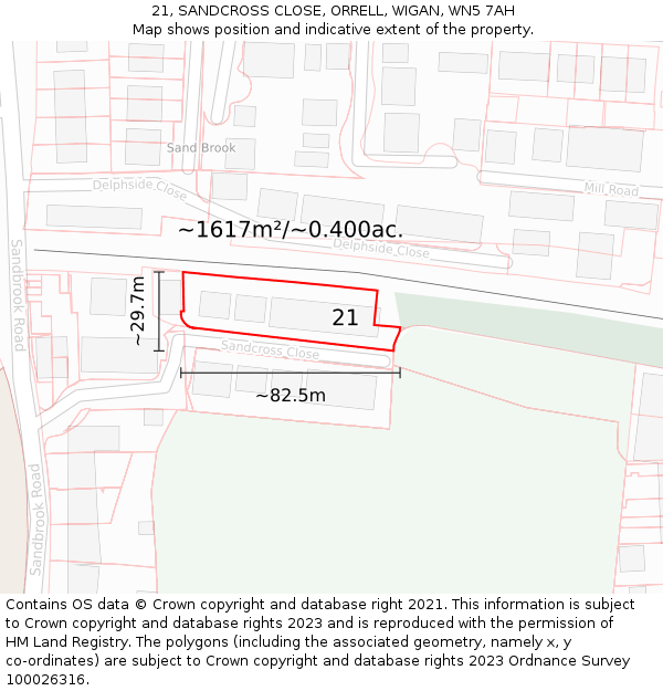 21, SANDCROSS CLOSE, ORRELL, WIGAN, WN5 7AH: Plot and title map
