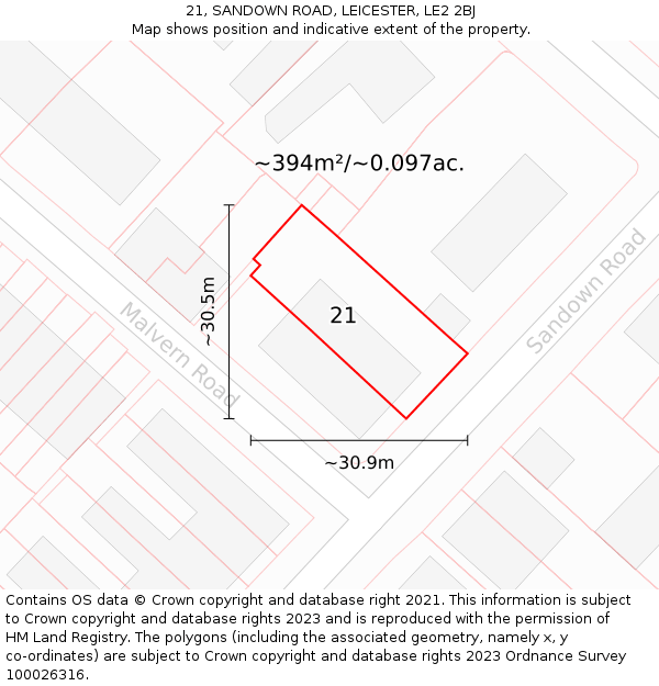 21, SANDOWN ROAD, LEICESTER, LE2 2BJ: Plot and title map
