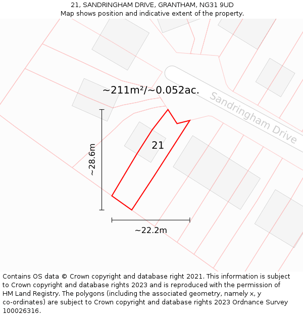 21, SANDRINGHAM DRIVE, GRANTHAM, NG31 9UD: Plot and title map