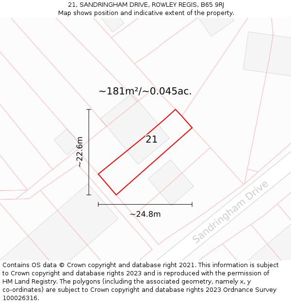 21, SANDRINGHAM DRIVE, ROWLEY REGIS, B65 9RJ: Plot and title map