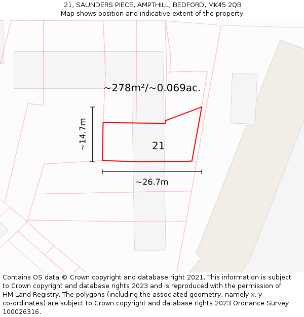 21, SAUNDERS PIECE, AMPTHILL, BEDFORD, MK45 2QB: Plot and title map