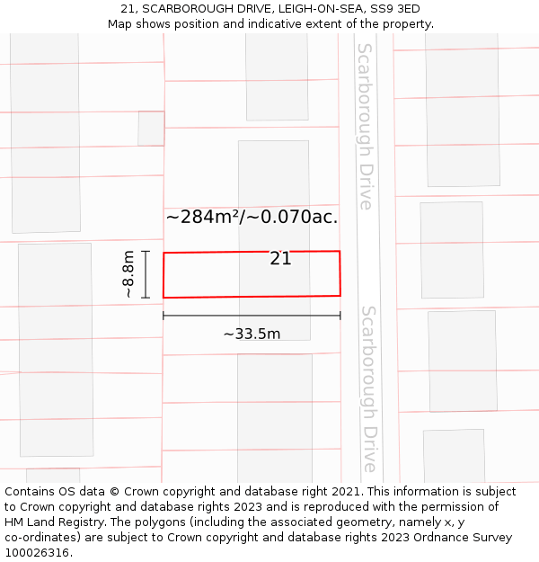 21, SCARBOROUGH DRIVE, LEIGH-ON-SEA, SS9 3ED: Plot and title map