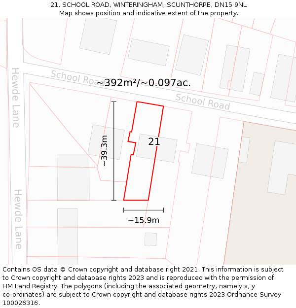 21, SCHOOL ROAD, WINTERINGHAM, SCUNTHORPE, DN15 9NL: Plot and title map