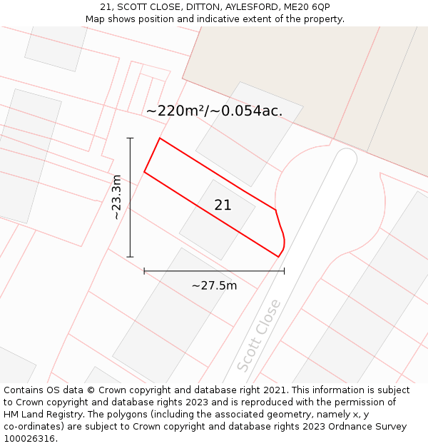 21, SCOTT CLOSE, DITTON, AYLESFORD, ME20 6QP: Plot and title map