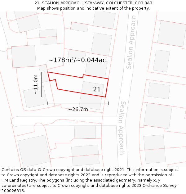 21, SEALION APPROACH, STANWAY, COLCHESTER, CO3 8AR: Plot and title map