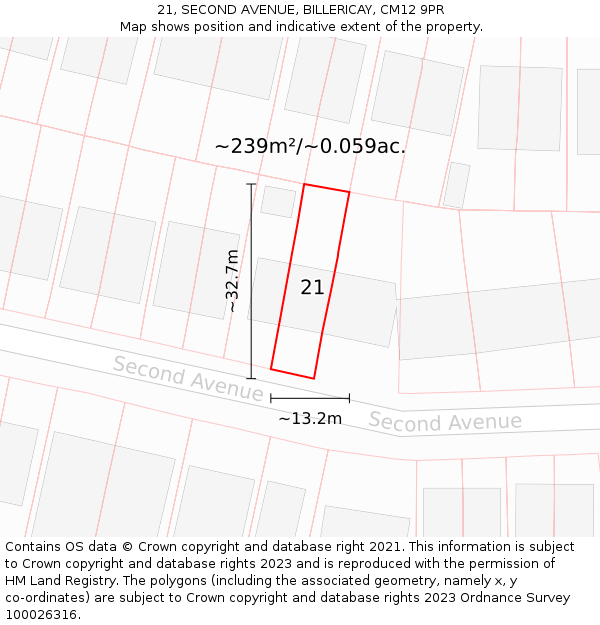 21, SECOND AVENUE, BILLERICAY, CM12 9PR: Plot and title map