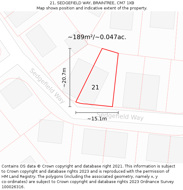 21, SEDGEFIELD WAY, BRAINTREE, CM7 1XB: Plot and title map