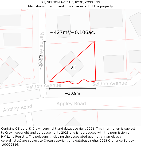 21, SELDON AVENUE, RYDE, PO33 1NS: Plot and title map