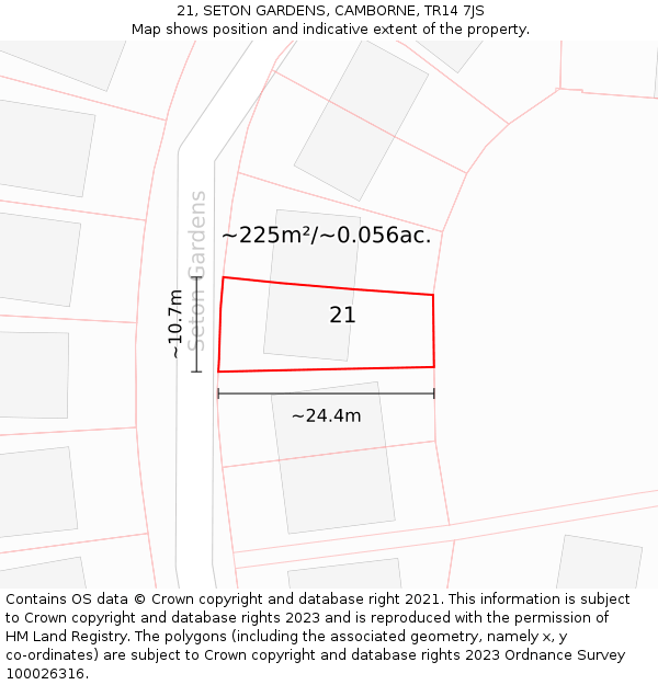 21, SETON GARDENS, CAMBORNE, TR14 7JS: Plot and title map