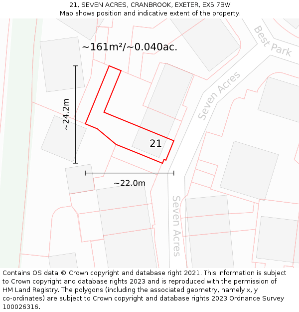 21, SEVEN ACRES, CRANBROOK, EXETER, EX5 7BW: Plot and title map