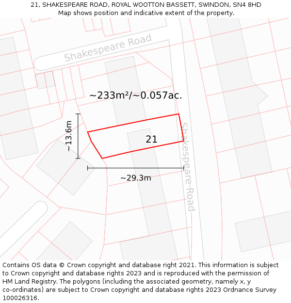 21, SHAKESPEARE ROAD, ROYAL WOOTTON BASSETT, SWINDON, SN4 8HD: Plot and title map