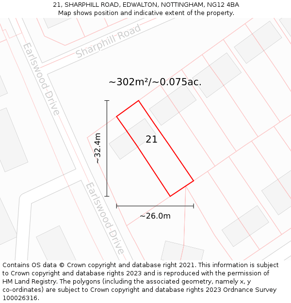 21, SHARPHILL ROAD, EDWALTON, NOTTINGHAM, NG12 4BA: Plot and title map