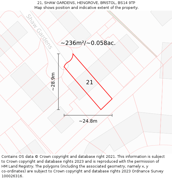21, SHAW GARDENS, HENGROVE, BRISTOL, BS14 9TP: Plot and title map
