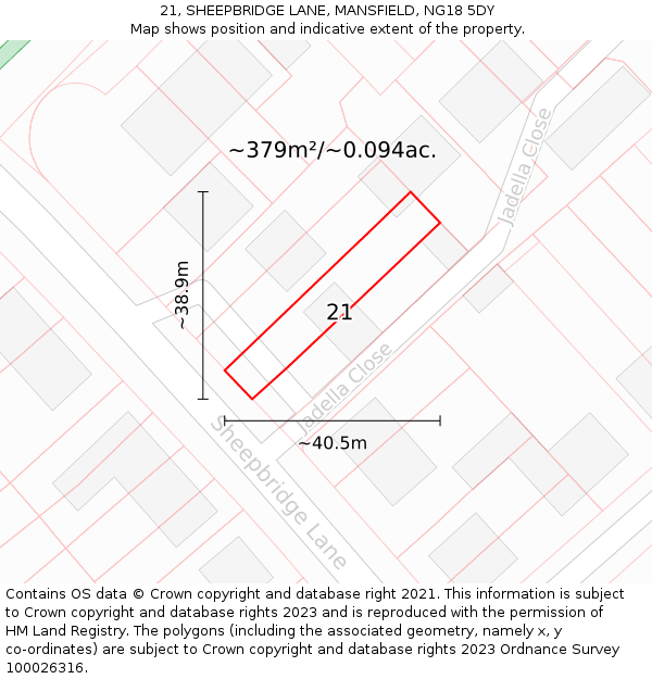 21, SHEEPBRIDGE LANE, MANSFIELD, NG18 5DY: Plot and title map