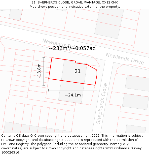 21, SHEPHERDS CLOSE, GROVE, WANTAGE, OX12 0NX: Plot and title map
