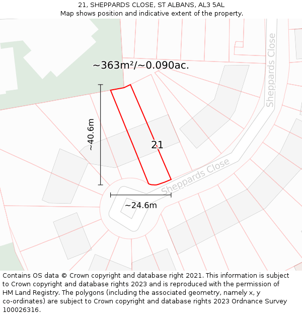 21, SHEPPARDS CLOSE, ST ALBANS, AL3 5AL: Plot and title map