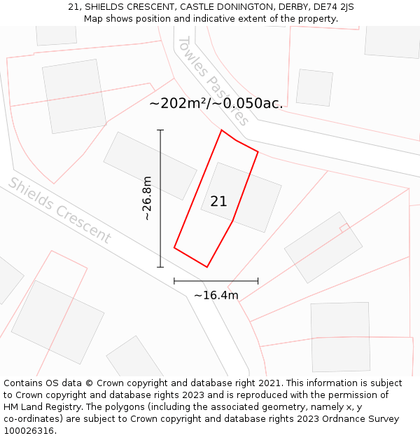 21, SHIELDS CRESCENT, CASTLE DONINGTON, DERBY, DE74 2JS: Plot and title map