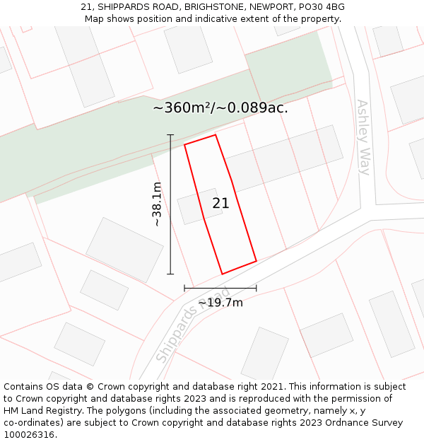 21, SHIPPARDS ROAD, BRIGHSTONE, NEWPORT, PO30 4BG: Plot and title map