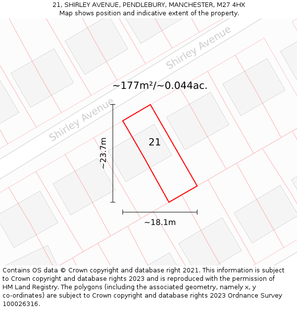 21, SHIRLEY AVENUE, PENDLEBURY, MANCHESTER, M27 4HX: Plot and title map
