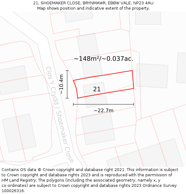 21, SHOEMAKER CLOSE, BRYNMAWR, EBBW VALE, NP23 4AU: Plot and title map