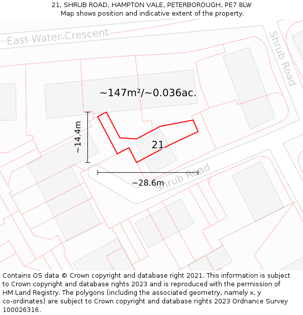 21, SHRUB ROAD, HAMPTON VALE, PETERBOROUGH, PE7 8LW: Plot and title map