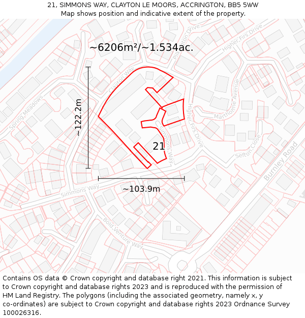 21, SIMMONS WAY, CLAYTON LE MOORS, ACCRINGTON, BB5 5WW: Plot and title map