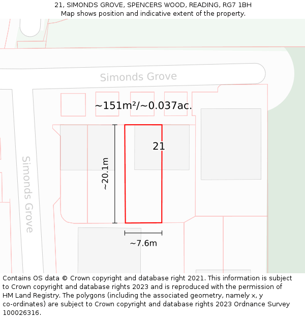 21, SIMONDS GROVE, SPENCERS WOOD, READING, RG7 1BH: Plot and title map