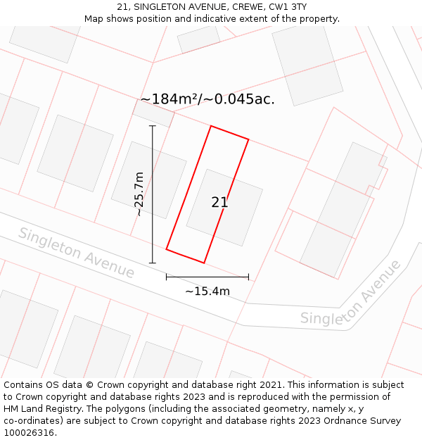 21, SINGLETON AVENUE, CREWE, CW1 3TY: Plot and title map