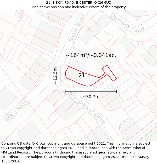 21, SISKIN ROAD, BICESTER, OX26 6UD: Plot and title map
