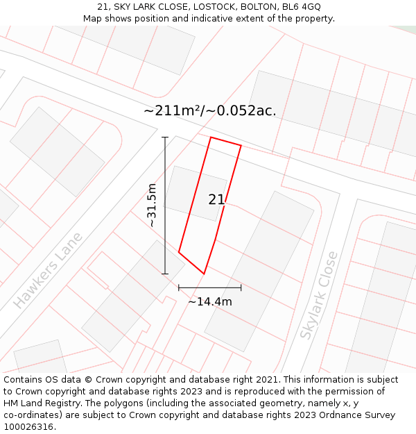 21, SKY LARK CLOSE, LOSTOCK, BOLTON, BL6 4GQ: Plot and title map
