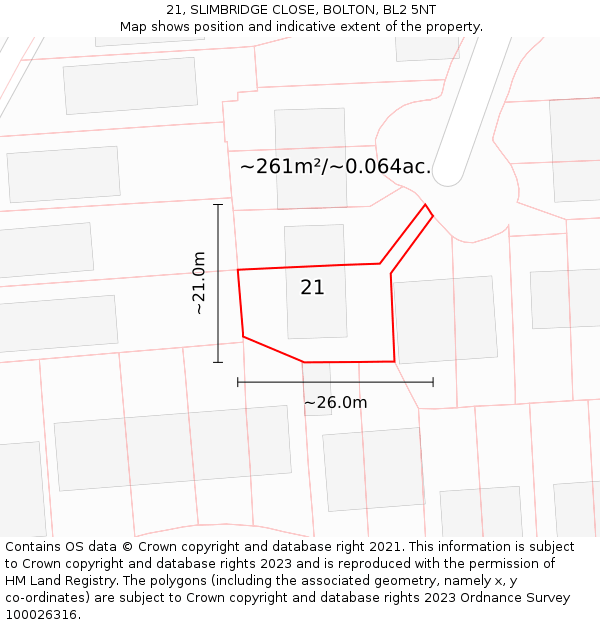 21, SLIMBRIDGE CLOSE, BOLTON, BL2 5NT: Plot and title map