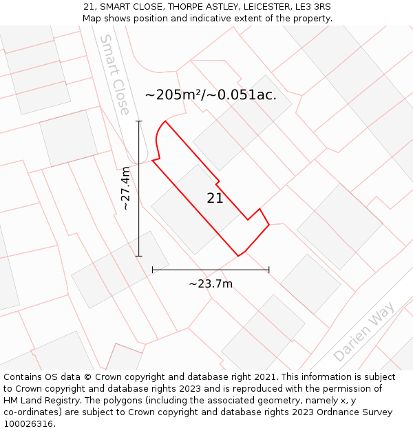 21, SMART CLOSE, THORPE ASTLEY, LEICESTER, LE3 3RS: Plot and title map