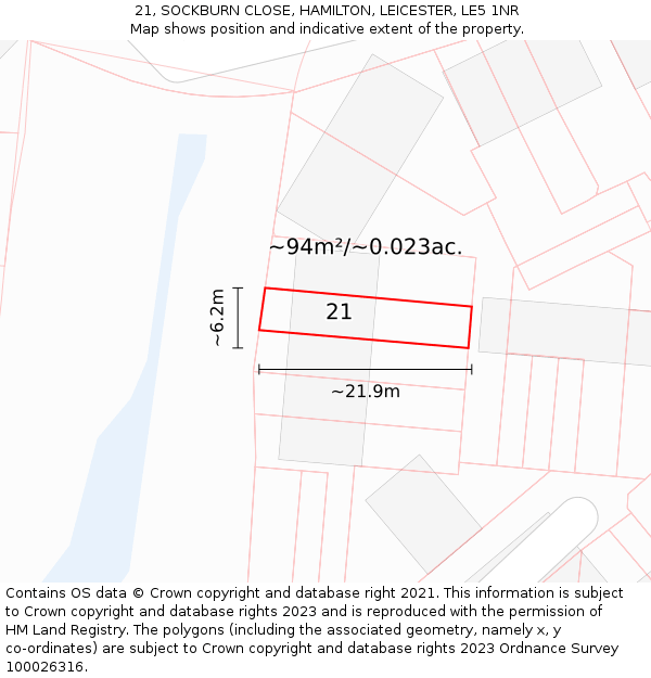 21, SOCKBURN CLOSE, HAMILTON, LEICESTER, LE5 1NR: Plot and title map