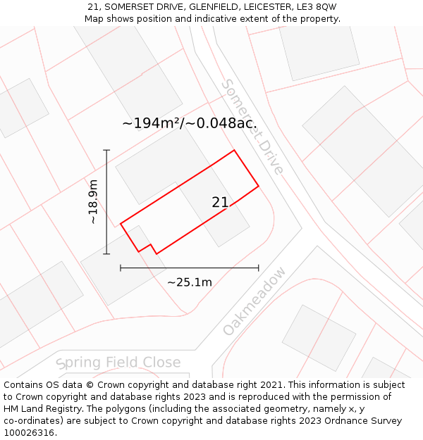 21, SOMERSET DRIVE, GLENFIELD, LEICESTER, LE3 8QW: Plot and title map