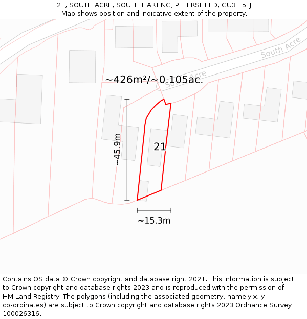 21, SOUTH ACRE, SOUTH HARTING, PETERSFIELD, GU31 5LJ: Plot and title map