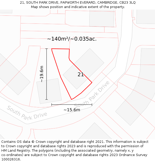 21, SOUTH PARK DRIVE, PAPWORTH EVERARD, CAMBRIDGE, CB23 3LQ: Plot and title map