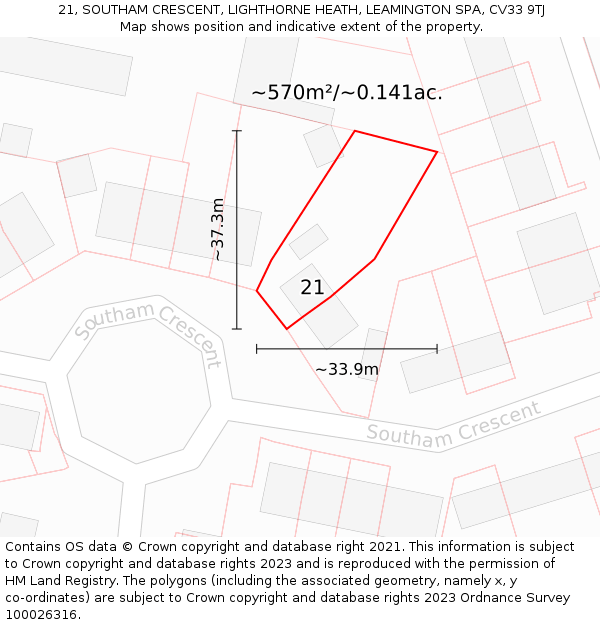 21, SOUTHAM CRESCENT, LIGHTHORNE HEATH, LEAMINGTON SPA, CV33 9TJ: Plot and title map