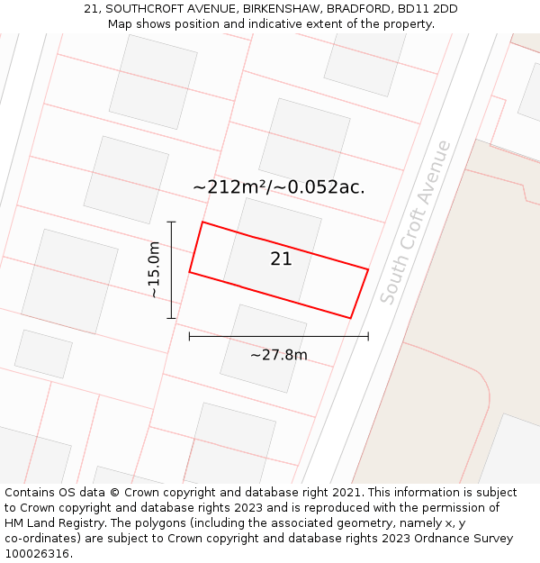 21, SOUTHCROFT AVENUE, BIRKENSHAW, BRADFORD, BD11 2DD: Plot and title map