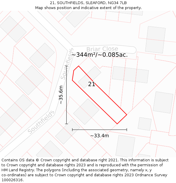 21, SOUTHFIELDS, SLEAFORD, NG34 7LB: Plot and title map