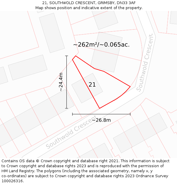 21, SOUTHWOLD CRESCENT, GRIMSBY, DN33 3AF: Plot and title map