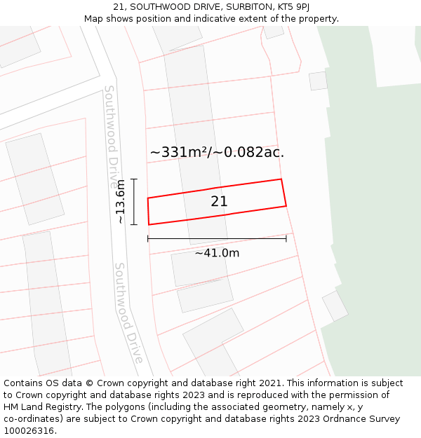 21, SOUTHWOOD DRIVE, SURBITON, KT5 9PJ: Plot and title map