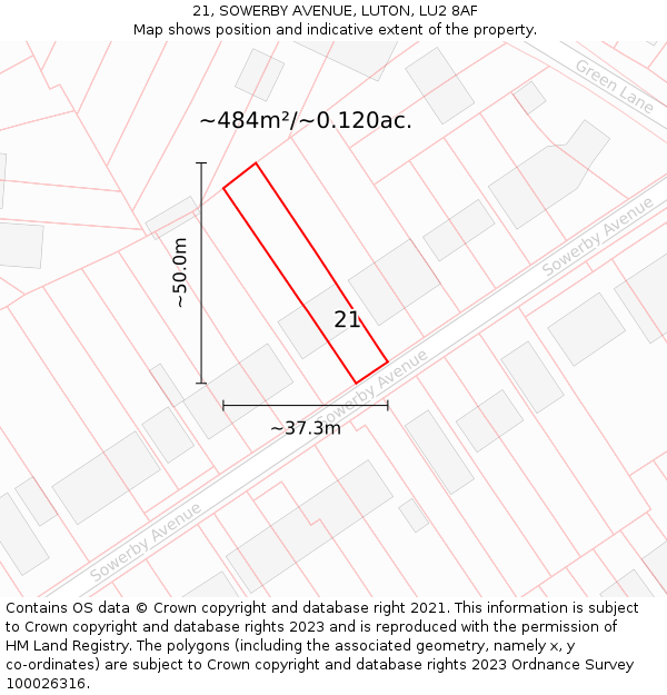 21, SOWERBY AVENUE, LUTON, LU2 8AF: Plot and title map