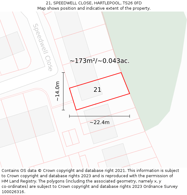 21, SPEEDWELL CLOSE, HARTLEPOOL, TS26 0FD: Plot and title map