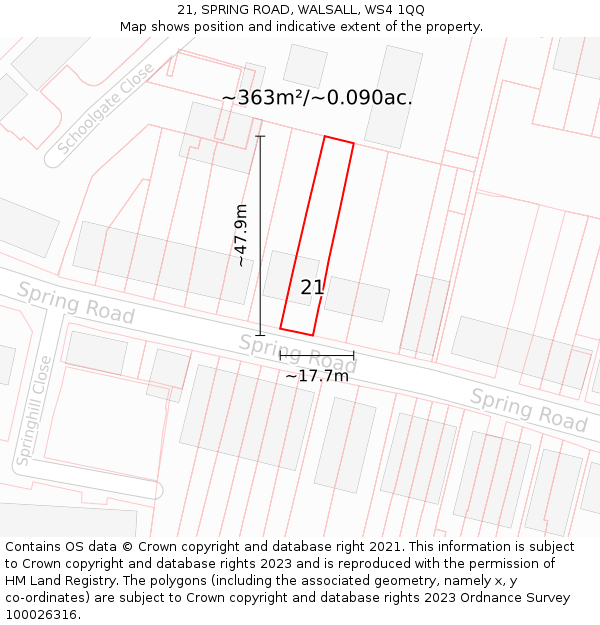 21, SPRING ROAD, WALSALL, WS4 1QQ: Plot and title map