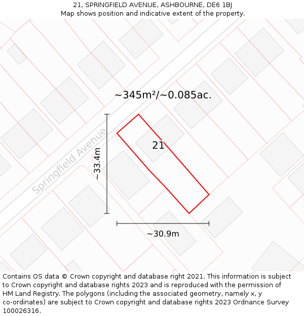 21, SPRINGFIELD AVENUE, ASHBOURNE, DE6 1BJ: Plot and title map