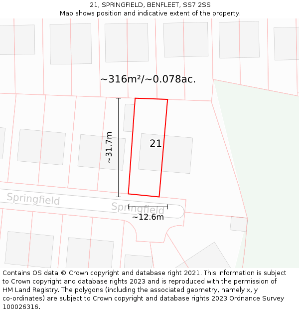 21, SPRINGFIELD, BENFLEET, SS7 2SS: Plot and title map