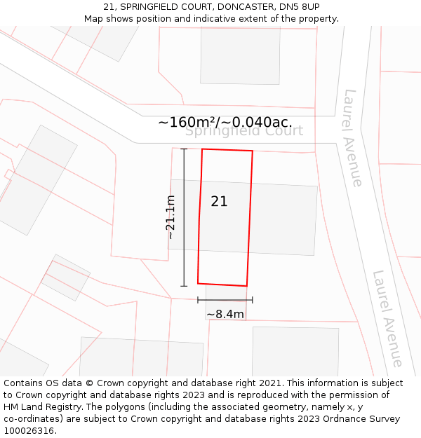 21, SPRINGFIELD COURT, DONCASTER, DN5 8UP: Plot and title map
