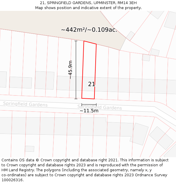 21, SPRINGFIELD GARDENS, UPMINSTER, RM14 3EH: Plot and title map