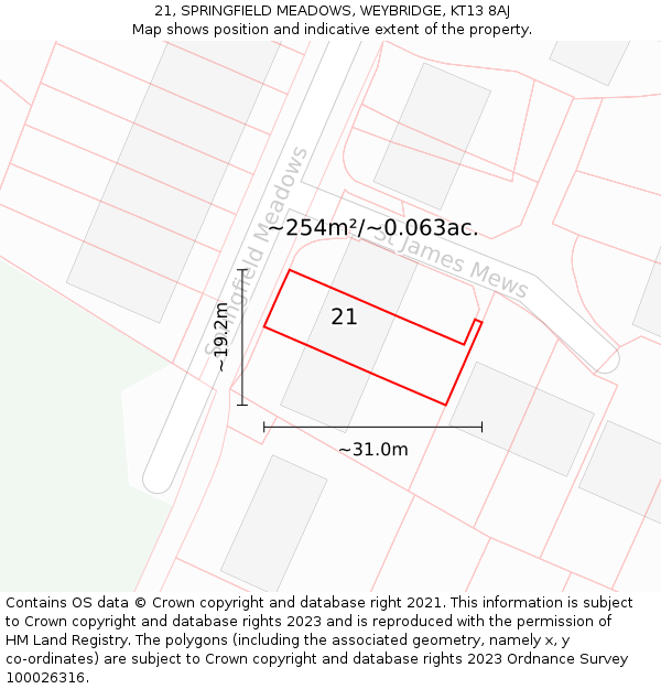 21, SPRINGFIELD MEADOWS, WEYBRIDGE, KT13 8AJ: Plot and title map