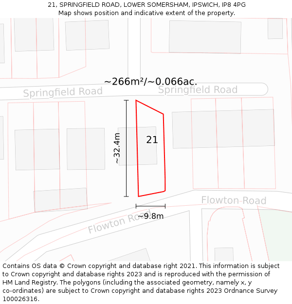 21, SPRINGFIELD ROAD, LOWER SOMERSHAM, IPSWICH, IP8 4PG: Plot and title map